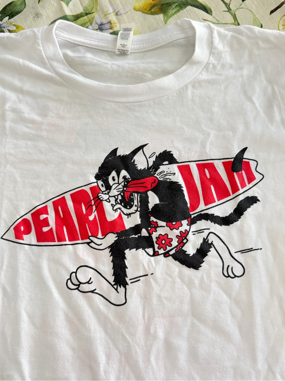 Pearl Jam White Tee with Red & Black Surfing Cat Graphic